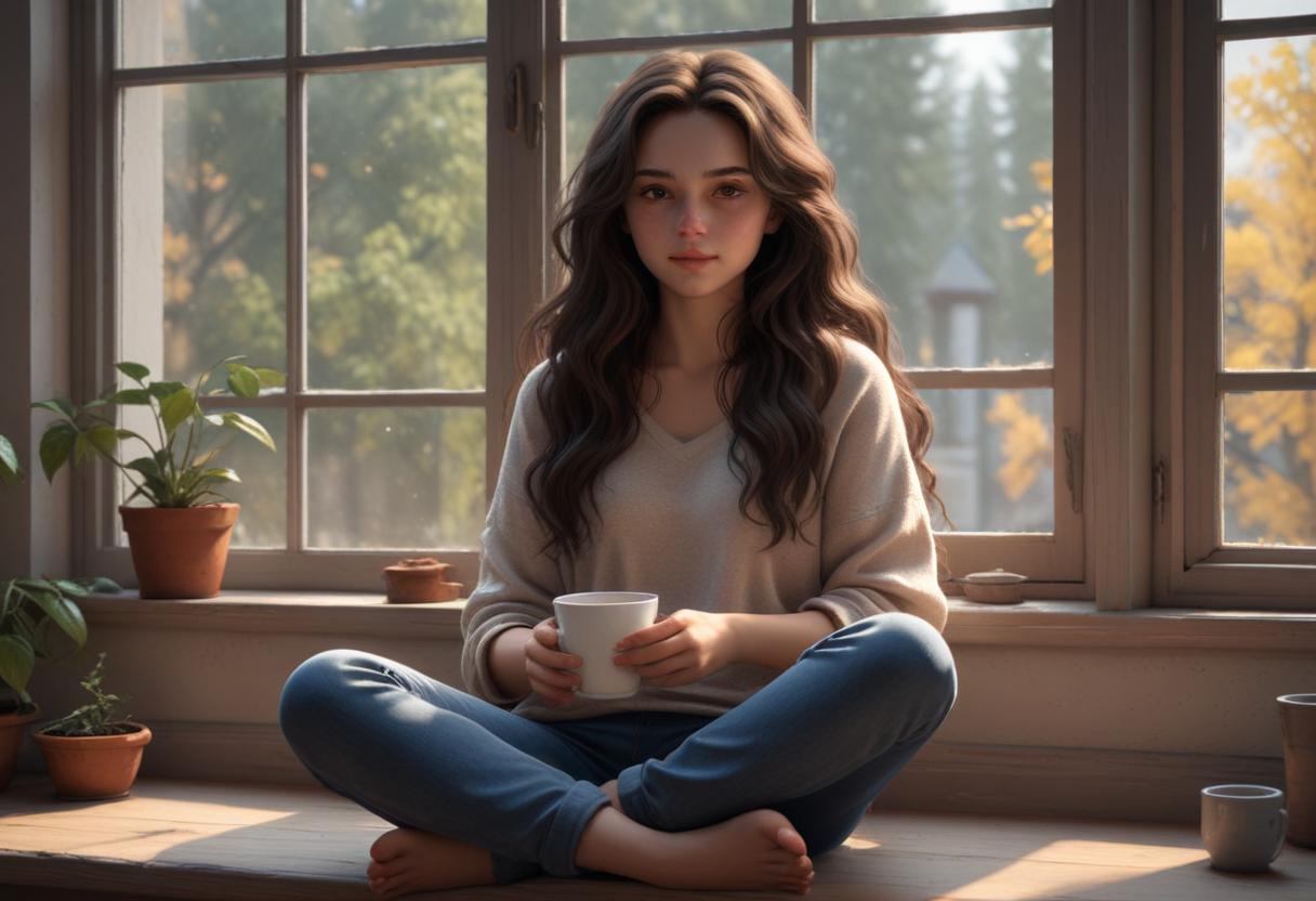 A woman sits on a windowsill with a cup of coffee A woman sits on a windowsill with a cup of coffee