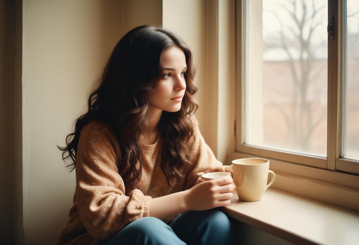 A woman sits by a window, enjoying a warm drink A woman sits by a window, enjoying a warm drink