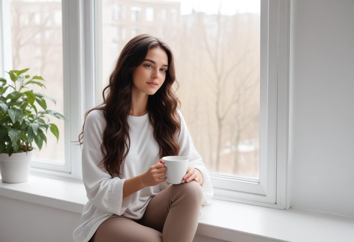 A woman sits by a window, enjoying a cup of coffee A woman sits by a window, enjoying a cup of coffee