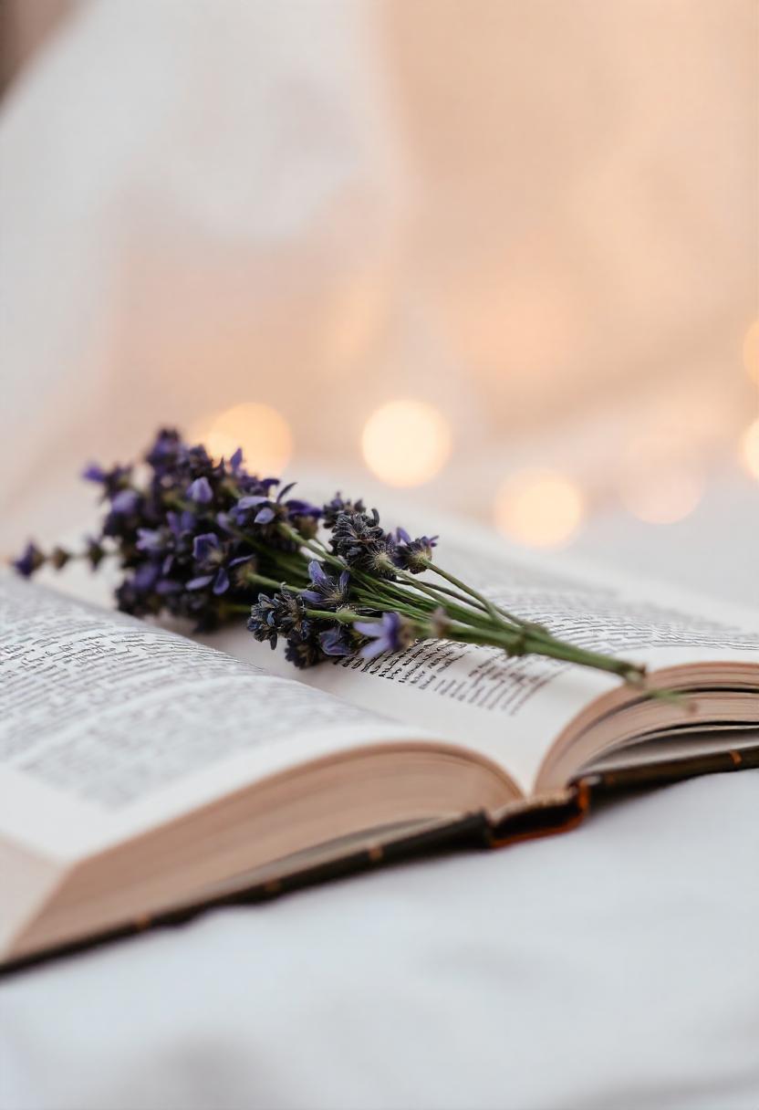 A book with lavender flowers on a white bedspread A book with lavender flowers on a white bedspread