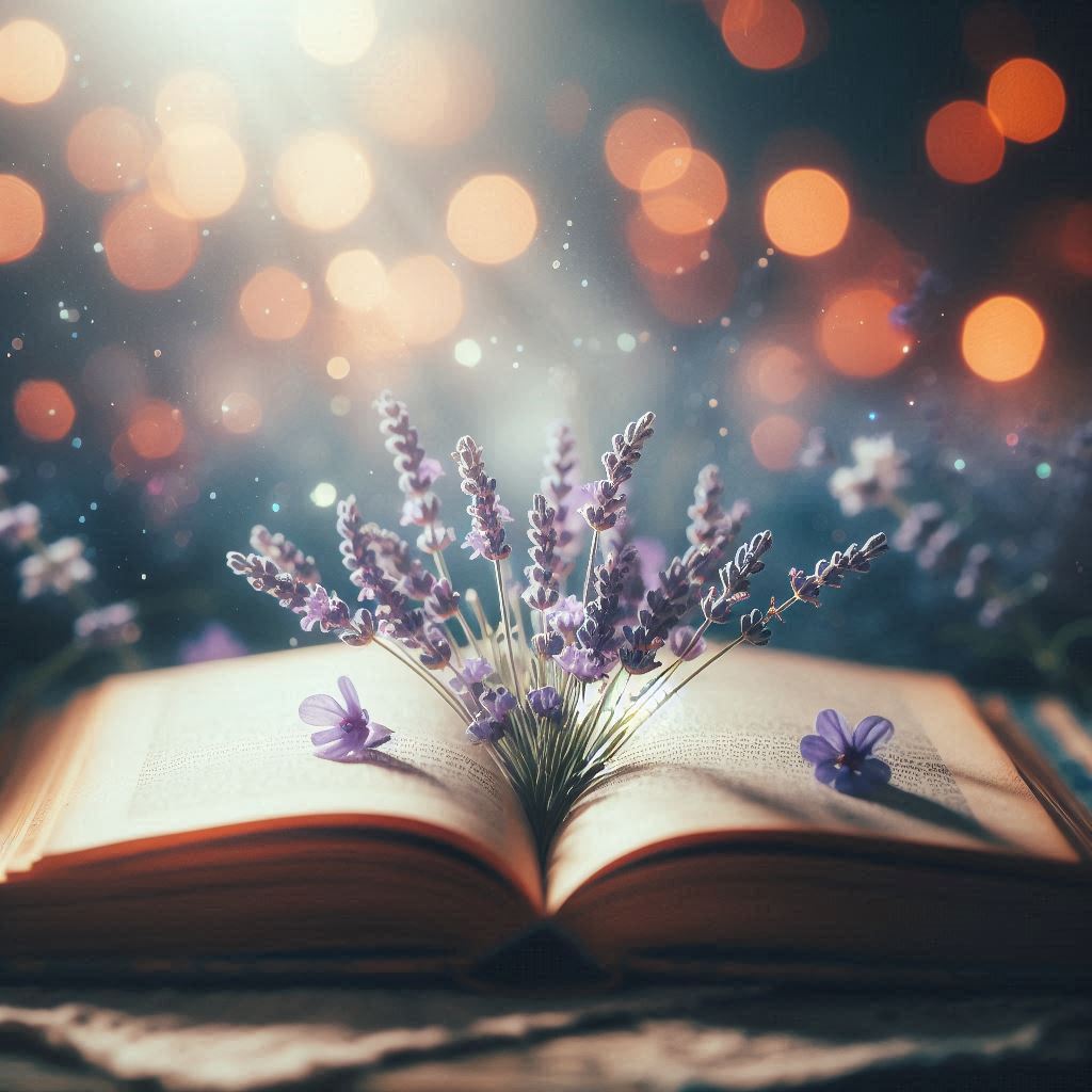 Lavender flowers bloom from an open book Lavender flowers bloom from an open book