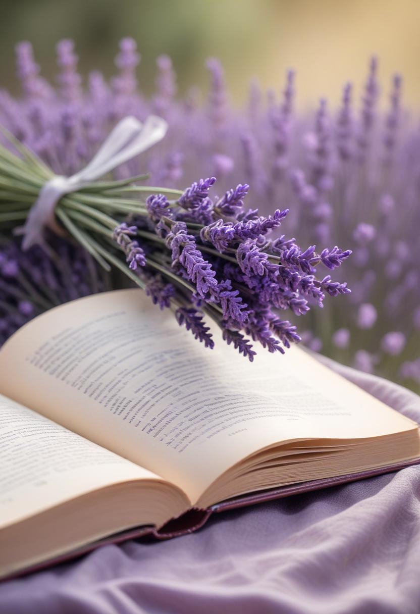 A bouquet of lavender rests on an open book A bouquet of lavender rests on an open book