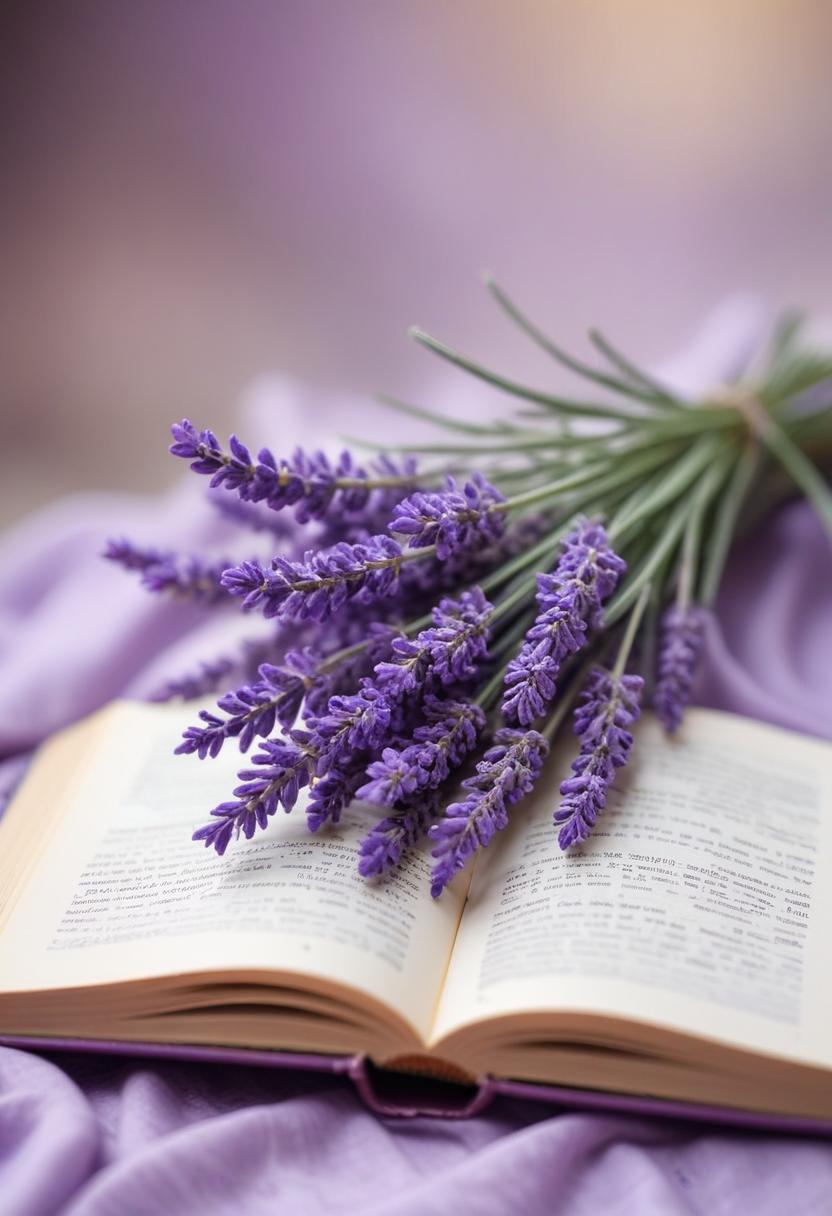 A bouquet of lavender rests on an open book A bouquet of lavender rests on an open book