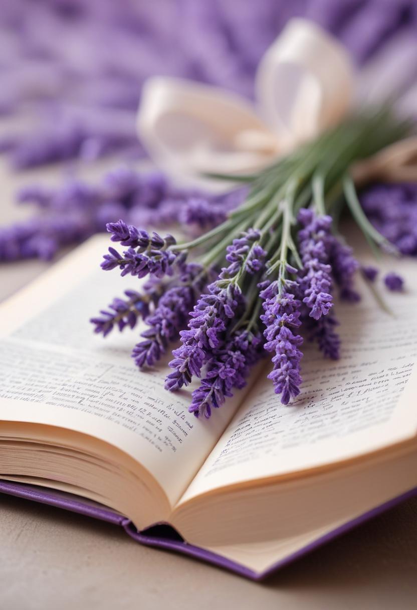 A bouquet of lavender rests on an open book A bouquet of lavender rests on an open book