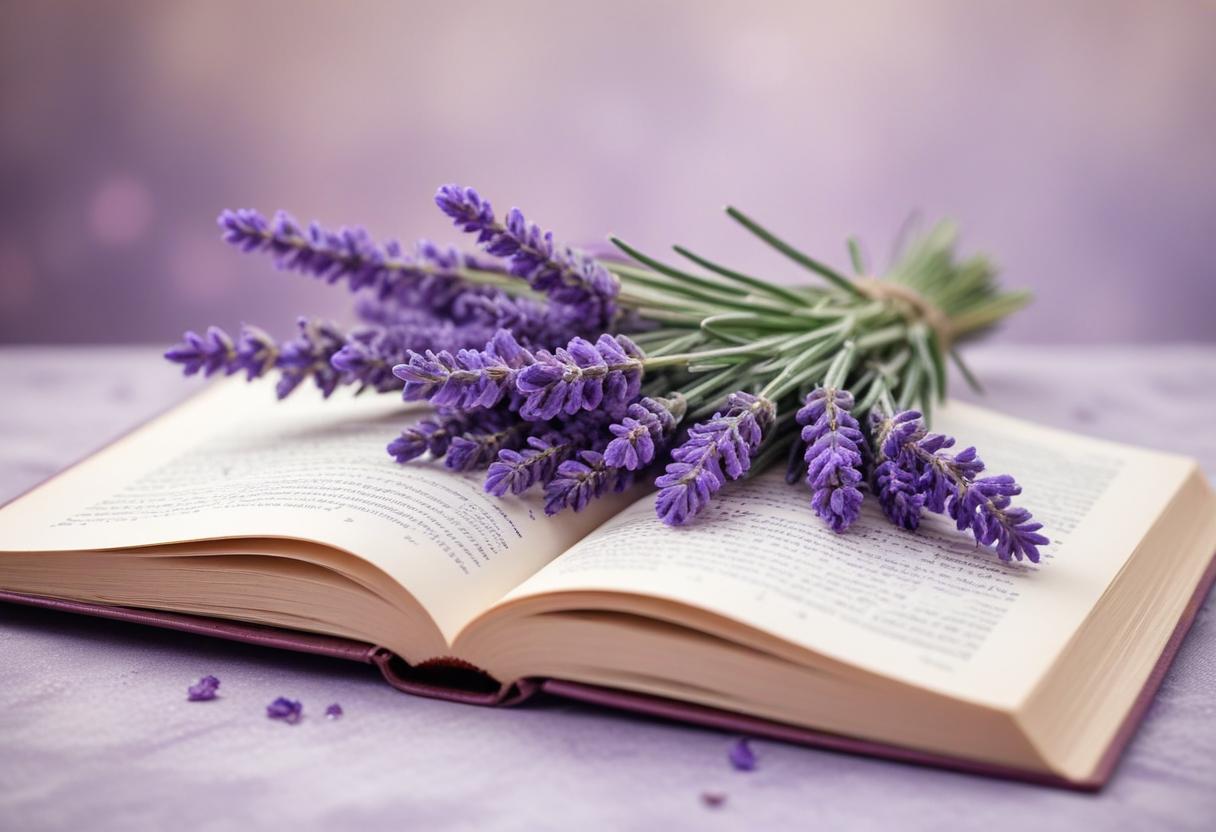 A bouquet of lavender rests on an open book A bouquet of lavender rests on an open book