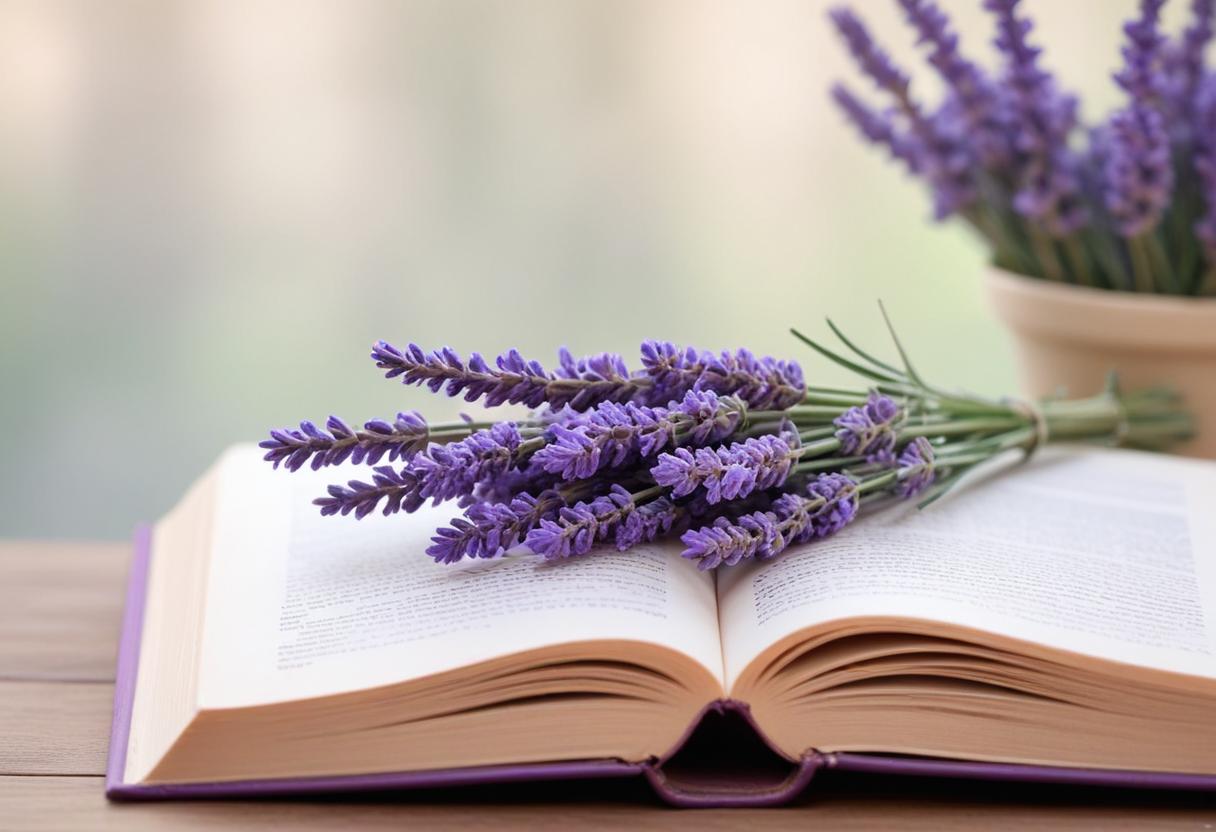 Lavender resting on an open book Lavender resting on an open book