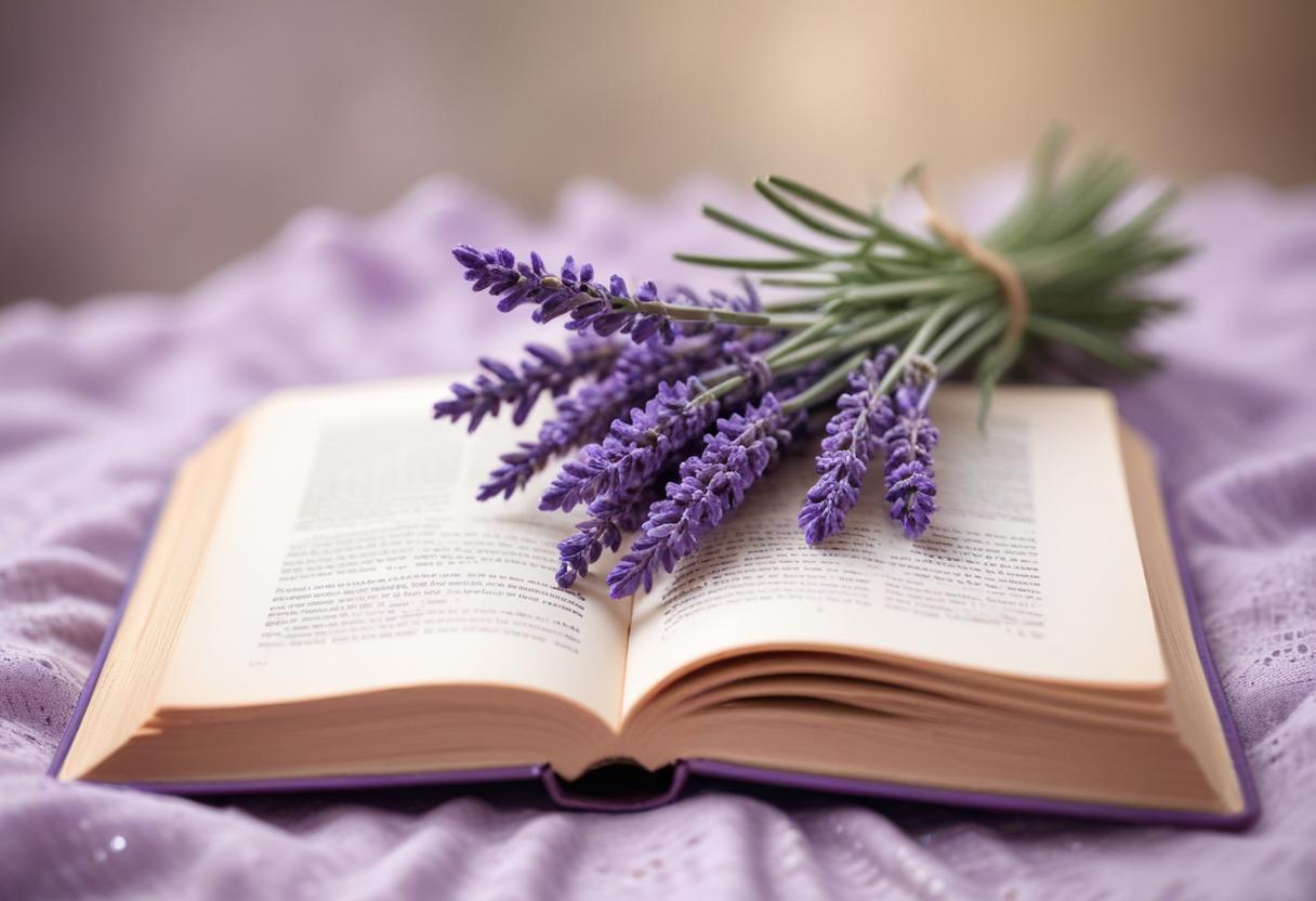 Lavender flowers rest on an open book Lavender flowers rest on an open book