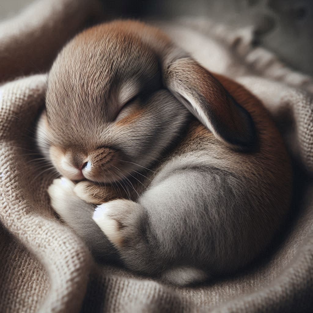 A baby bunny sleeps soundly in a cozy blanket A baby bunny sleeps soundly in a cozy blanket