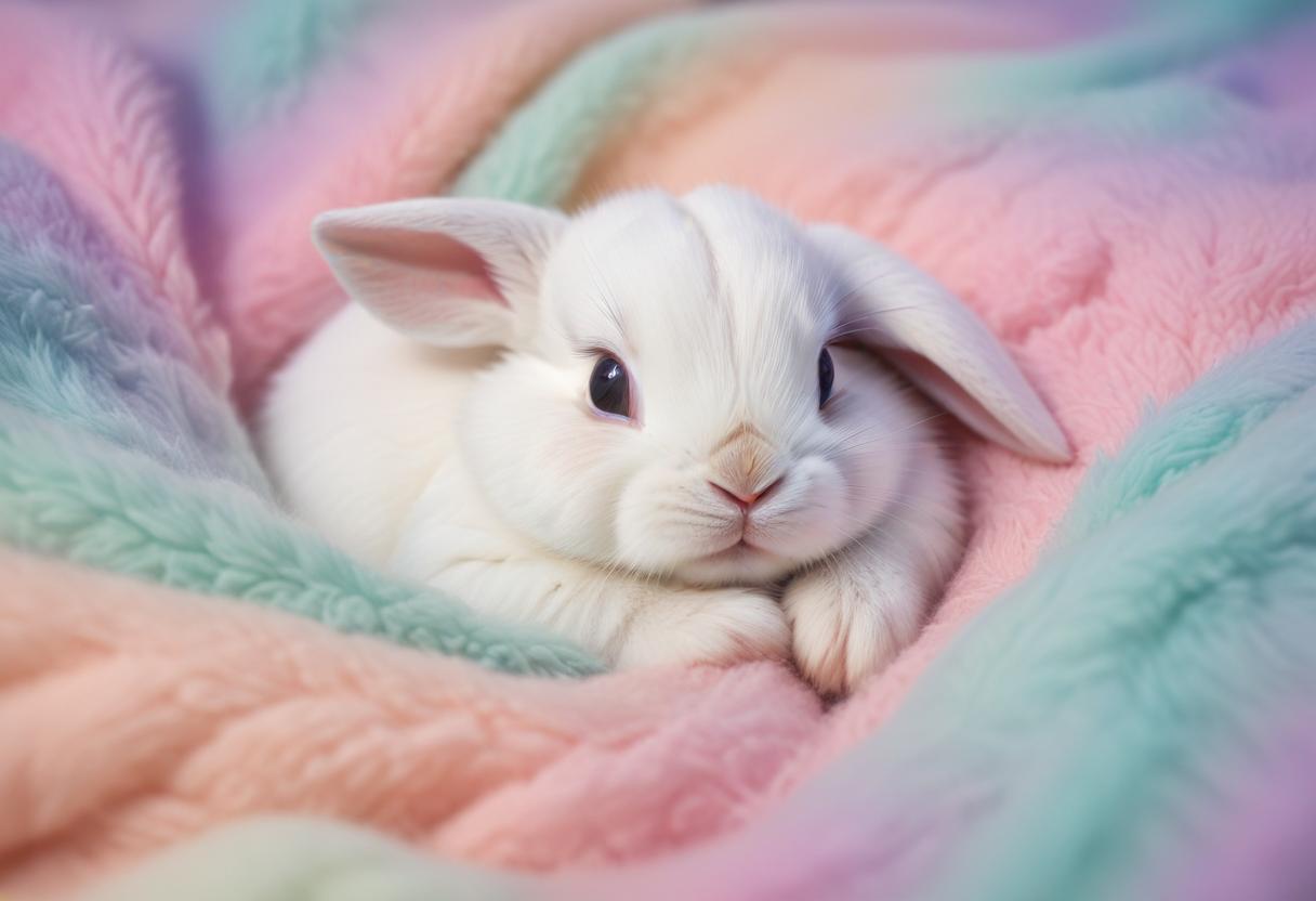 A white rabbit relaxes in a soft, pastel blanket A white rabbit relaxes in a soft, pastel blanket