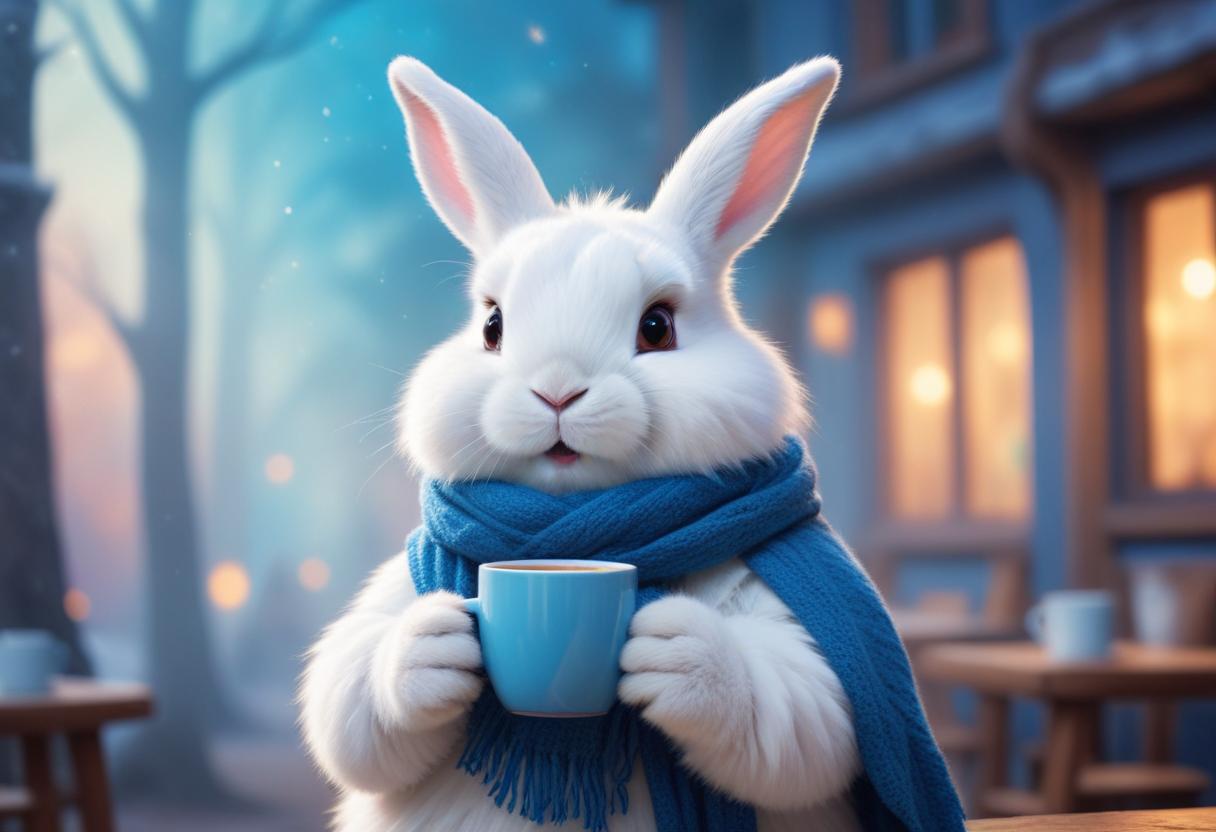 A white rabbit enjoys a warm beverage on a cold winter day A white rabbit enjoys a warm beverage on a cold winter day