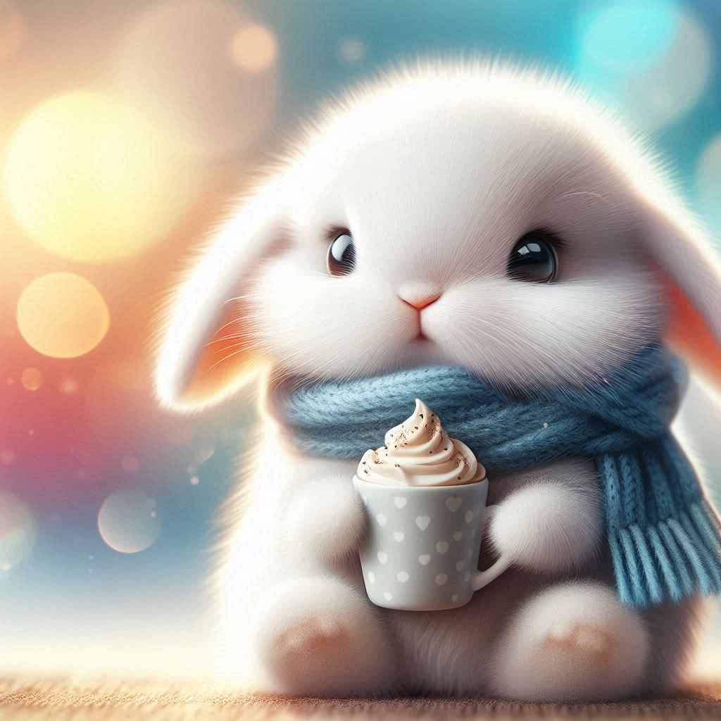 Bunny in a blue scarf sips hot chocolate Bunny in a blue scarf sips hot chocolate