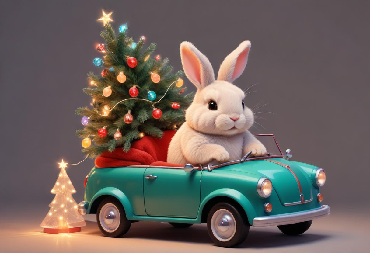 Rabbit in teal car with christmas tree Rabbit in teal car with christmas tree