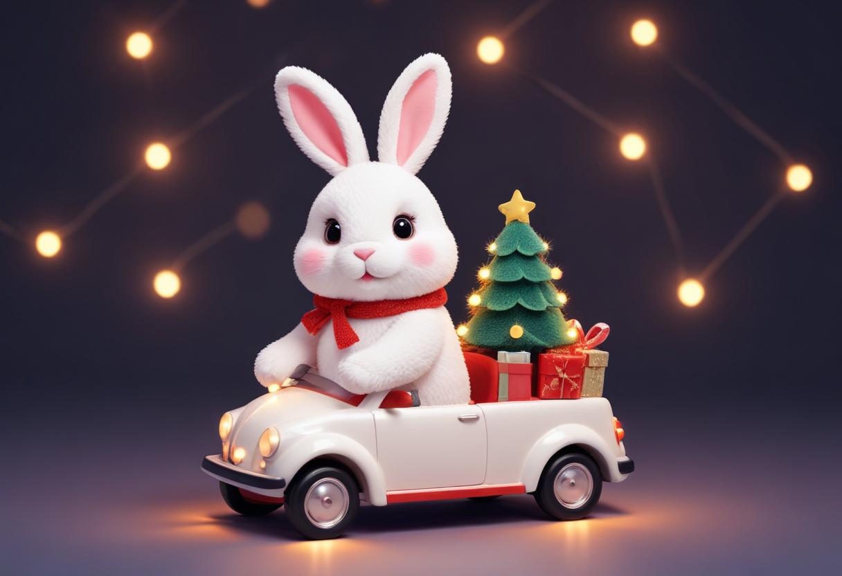 A white bunny drives a car with a christmas tree and gifts A white bunny drives a car with a christmas tree and gifts