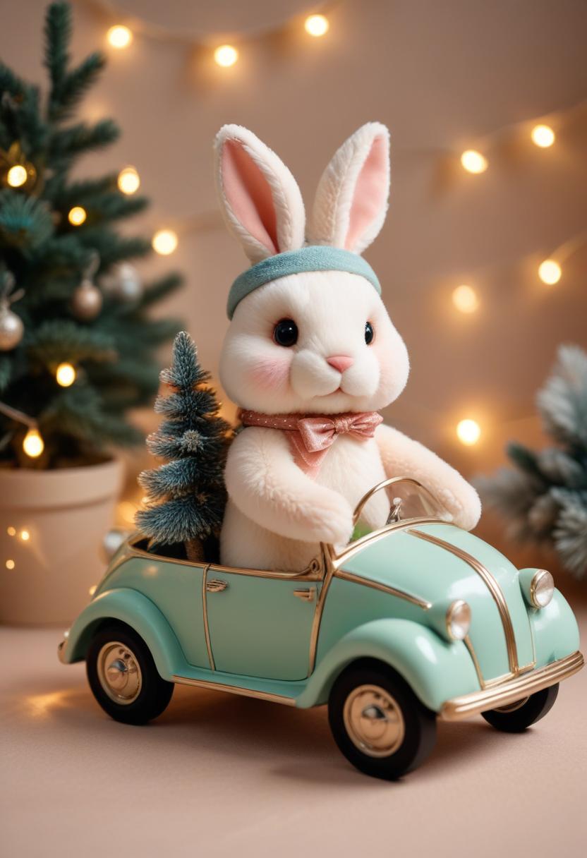 Bunny drives a green car with a christmas tree Bunny drives a green car with a christmas tree