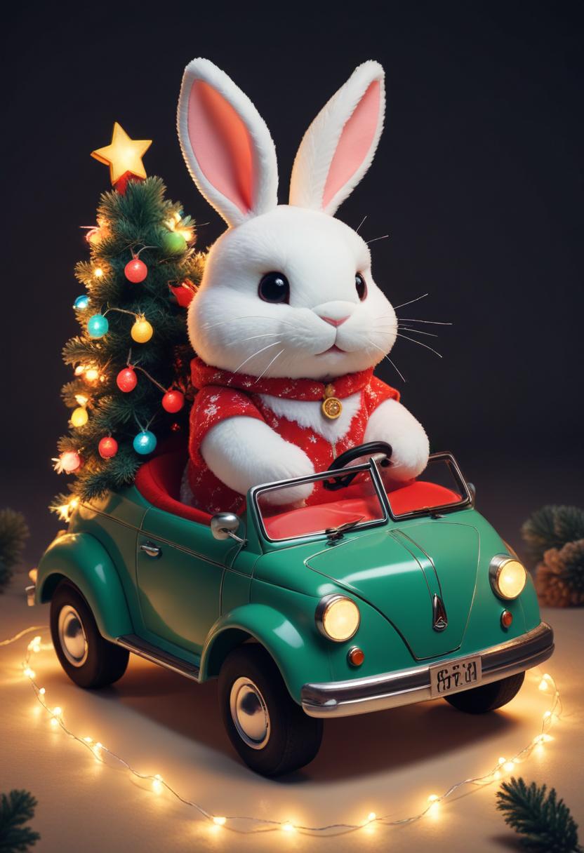 White rabbit in green car with christmas tree White rabbit in green car with christmas tree