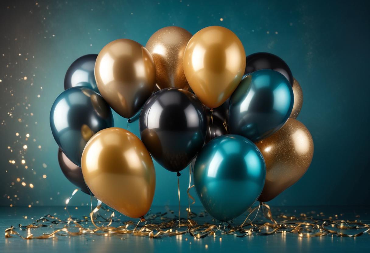 Gold, teal, and black balloons on a teal surface Gold, teal, and black balloons on a teal surface