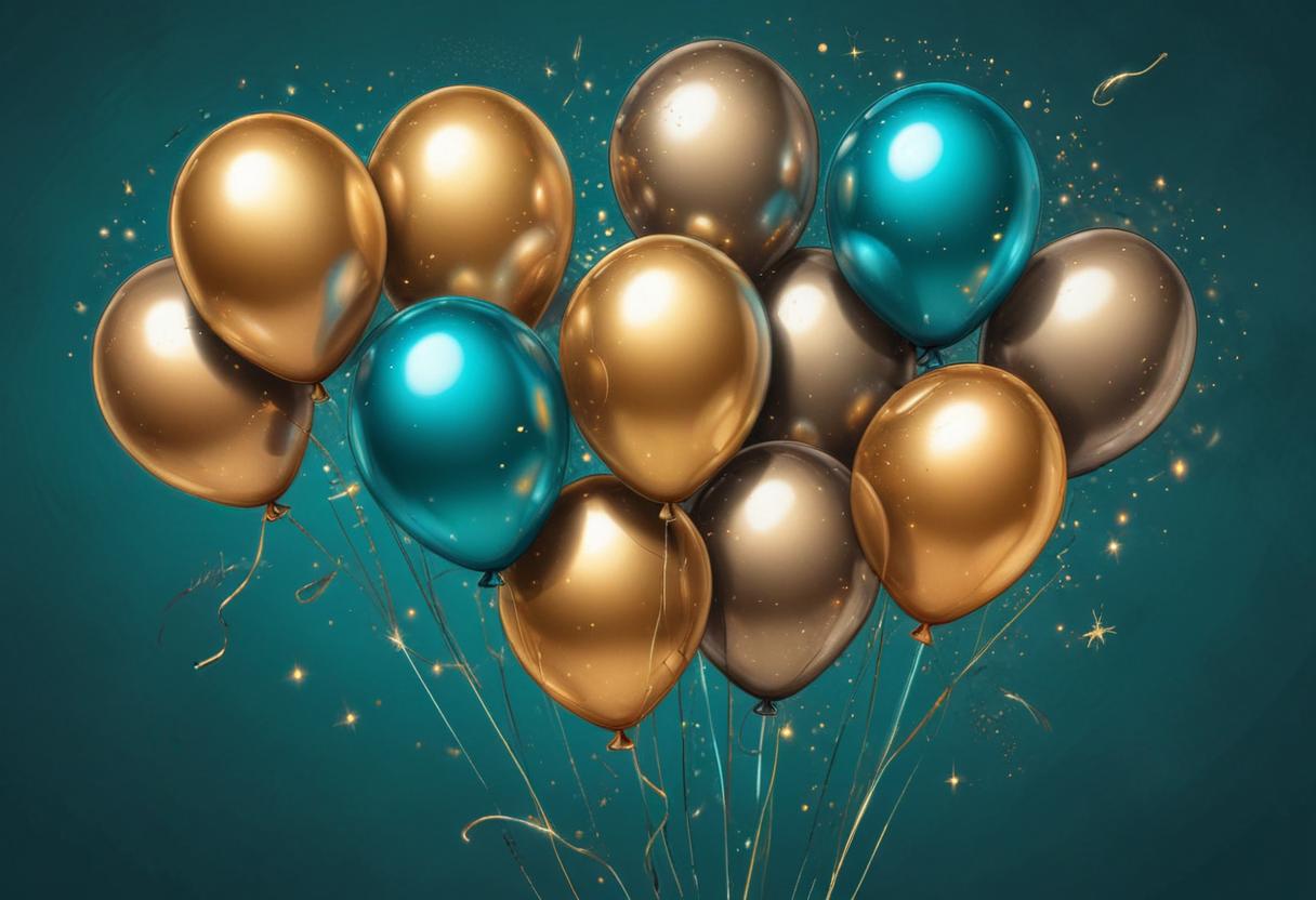 Gold and teal balloons float against a green background Gold and teal balloons float against a green background