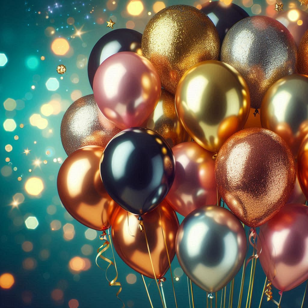 Shiny balloons float in front of a teal background Shiny balloons float in front of a teal background
