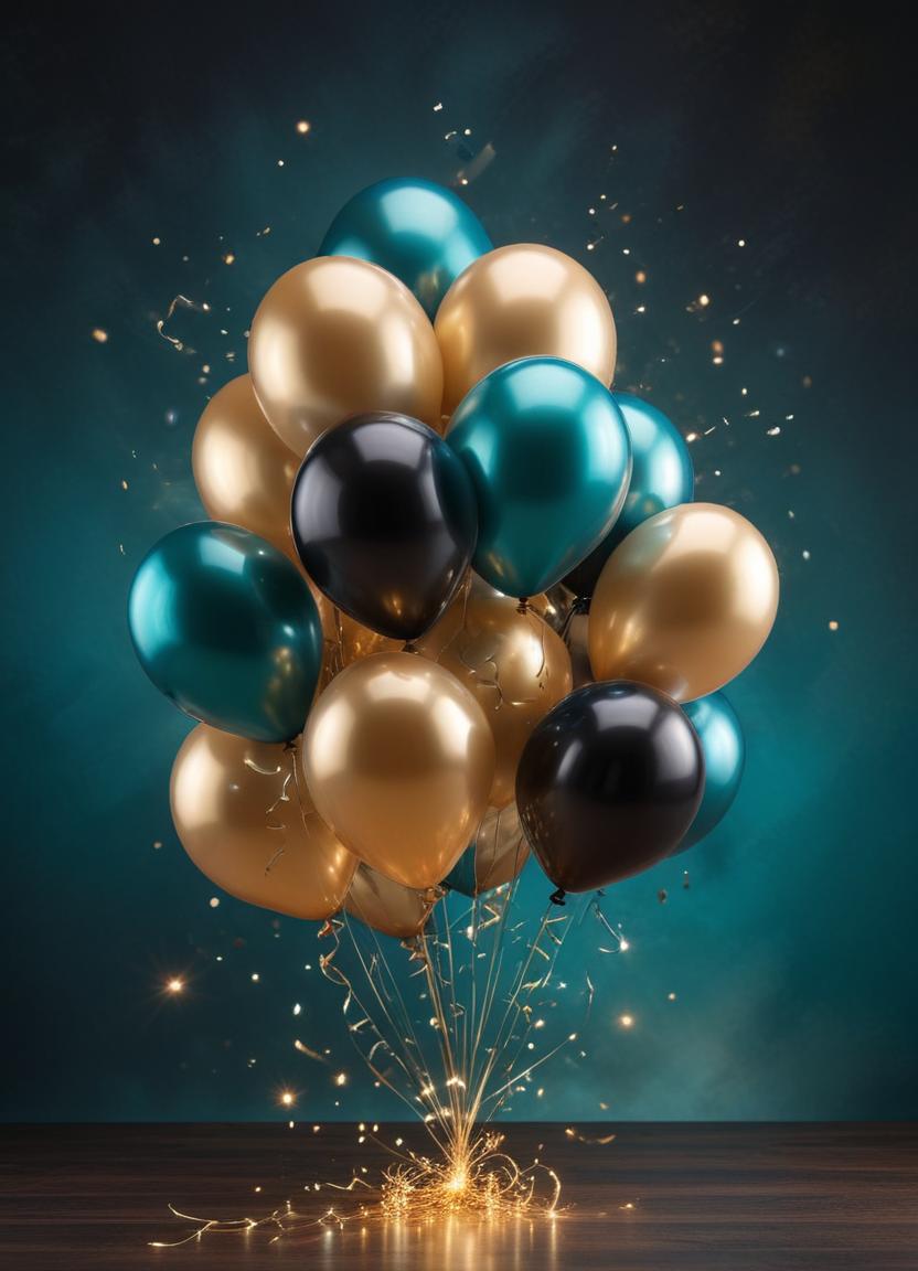 Teal, gold, and black balloons on dark teal Teal, gold, and black balloons on dark teal