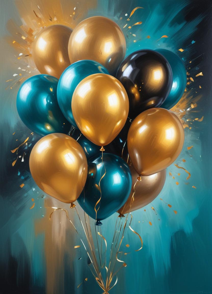 Gold and teal balloons float on a blue background Gold and teal balloons float on a blue background
