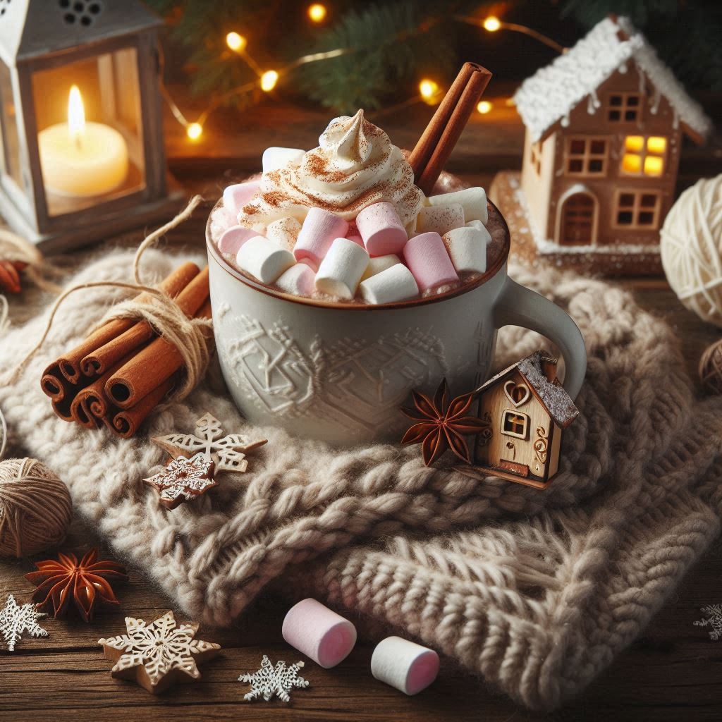 A mug of cocoa with marshmallows on a blanket A mug of cocoa with marshmallows on a blanket