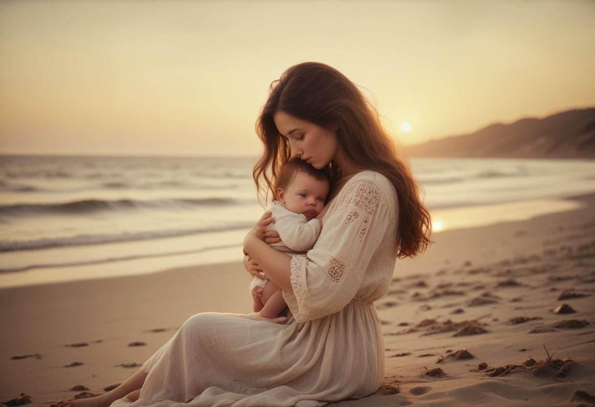 A woman holds her baby on a beach at sunset A woman holds her baby on a beach at sunset