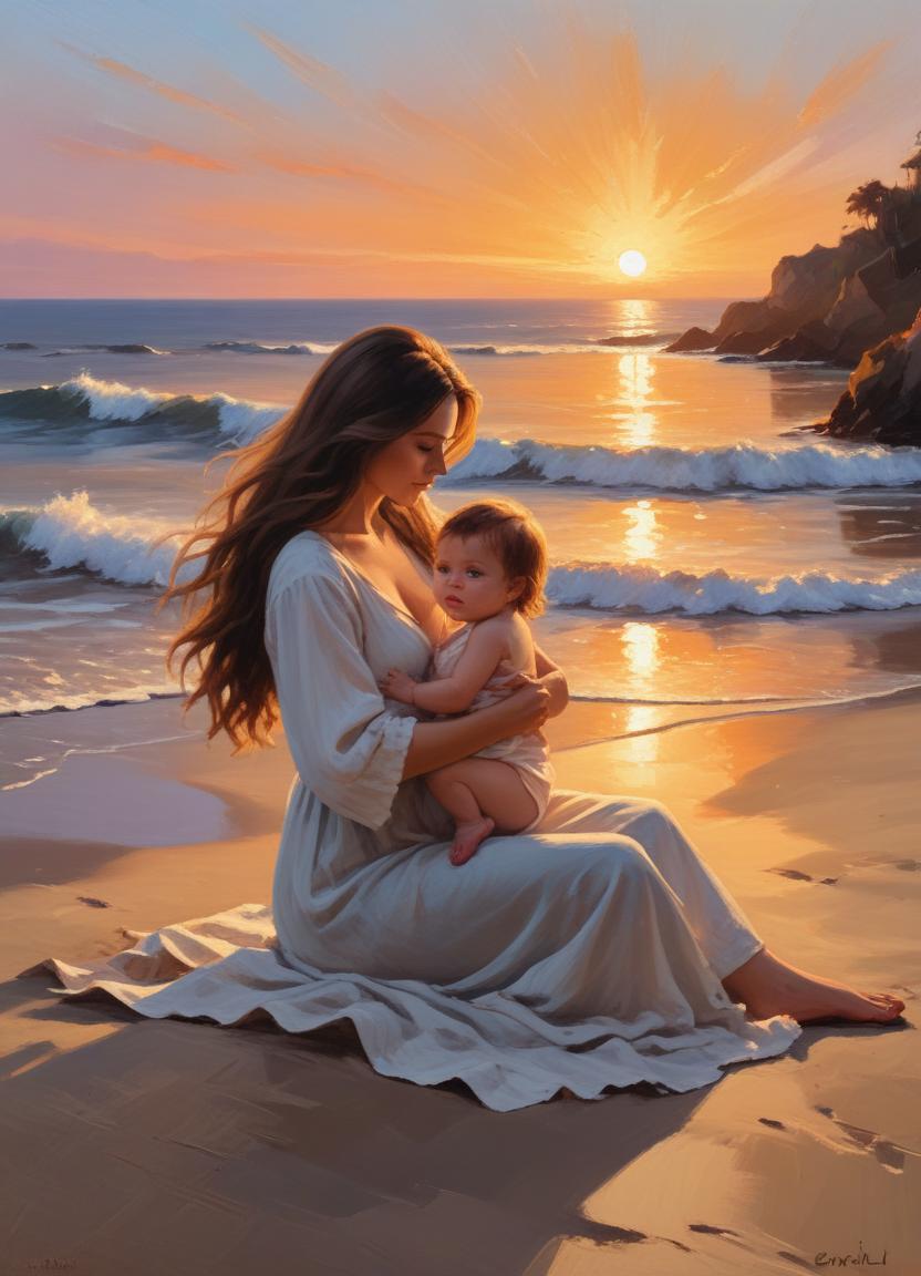 A mother holds her baby on the beach at sunset A mother holds her baby on the beach at sunset