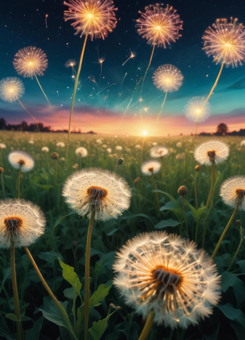 Dandelions glow in a field at sunset Dandelions glow in a field at sunset