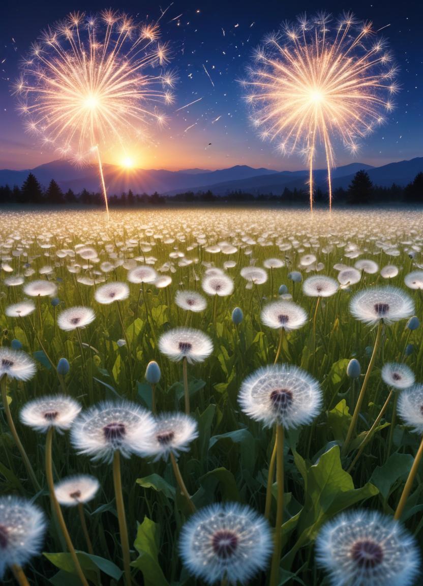 Fireworks illuminate a field of dandelions at sunset Fireworks illuminate a field of dandelions at sunset