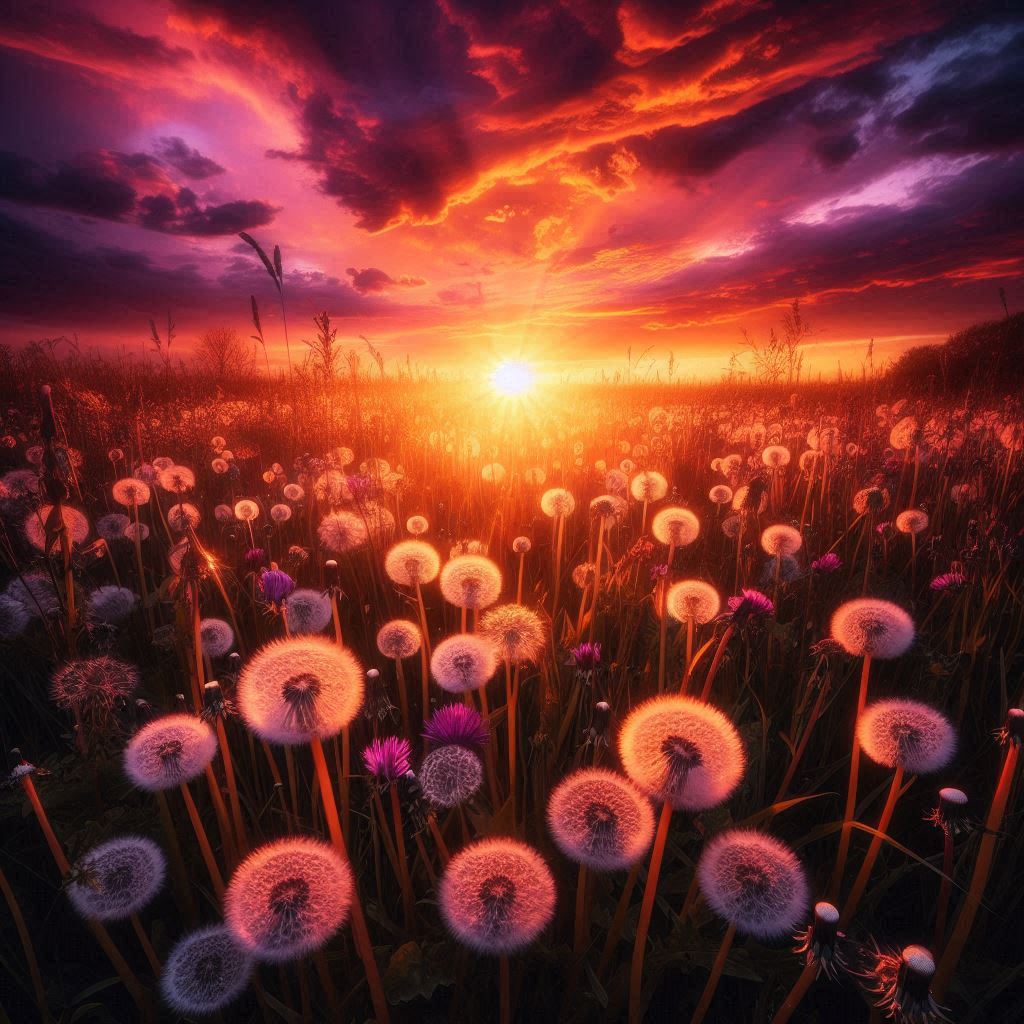 Dandelions bloom in a field at sunset Dandelions bloom in a field at sunset
