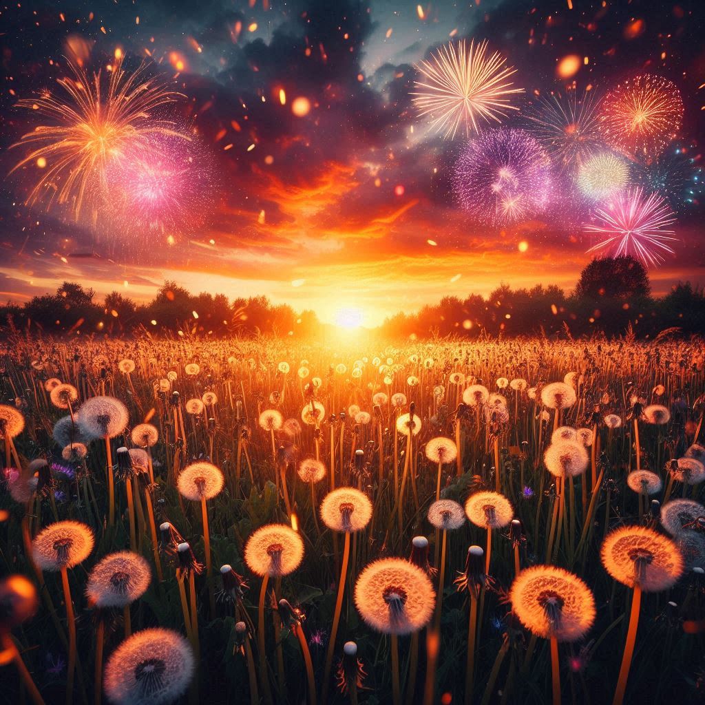 Fireworks explode over a field of dandelions at sunset Fireworks explode over a field of dandelions at sunset