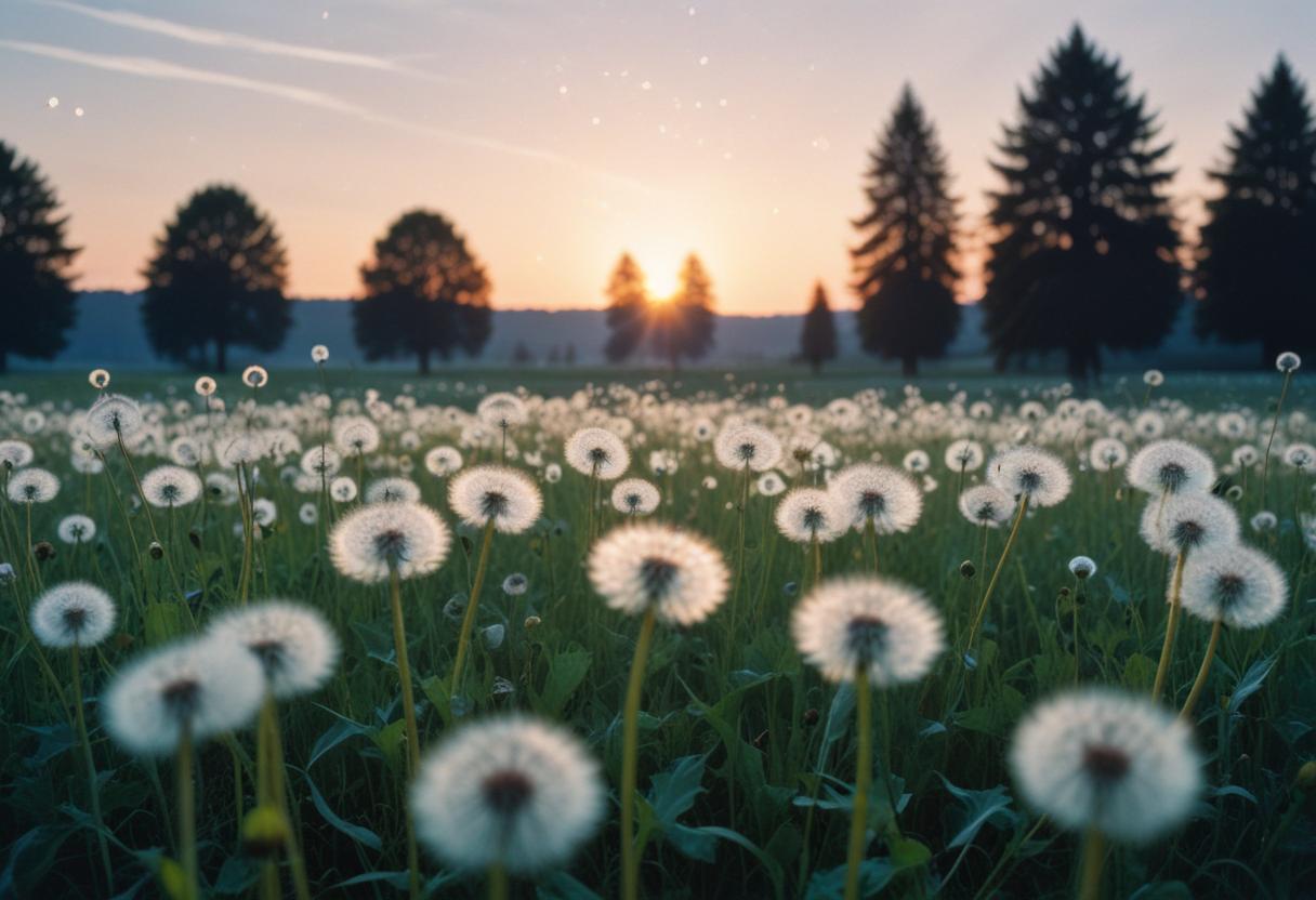 Dandelions bloom in a field at sunset Dandelions bloom in a field at sunset