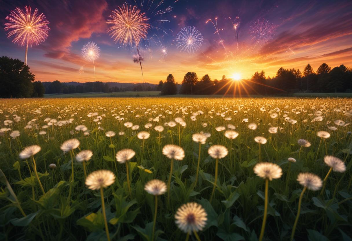 Fireworks burst over a field of dandelions at sunset Fireworks burst over a field of dandelions at sunset