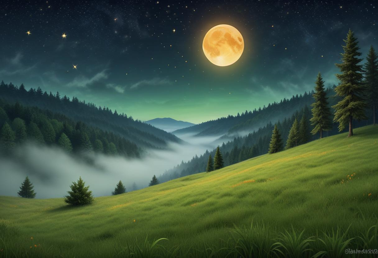 A full moon shines over a foggy forest valley A full moon shines over a foggy forest valley