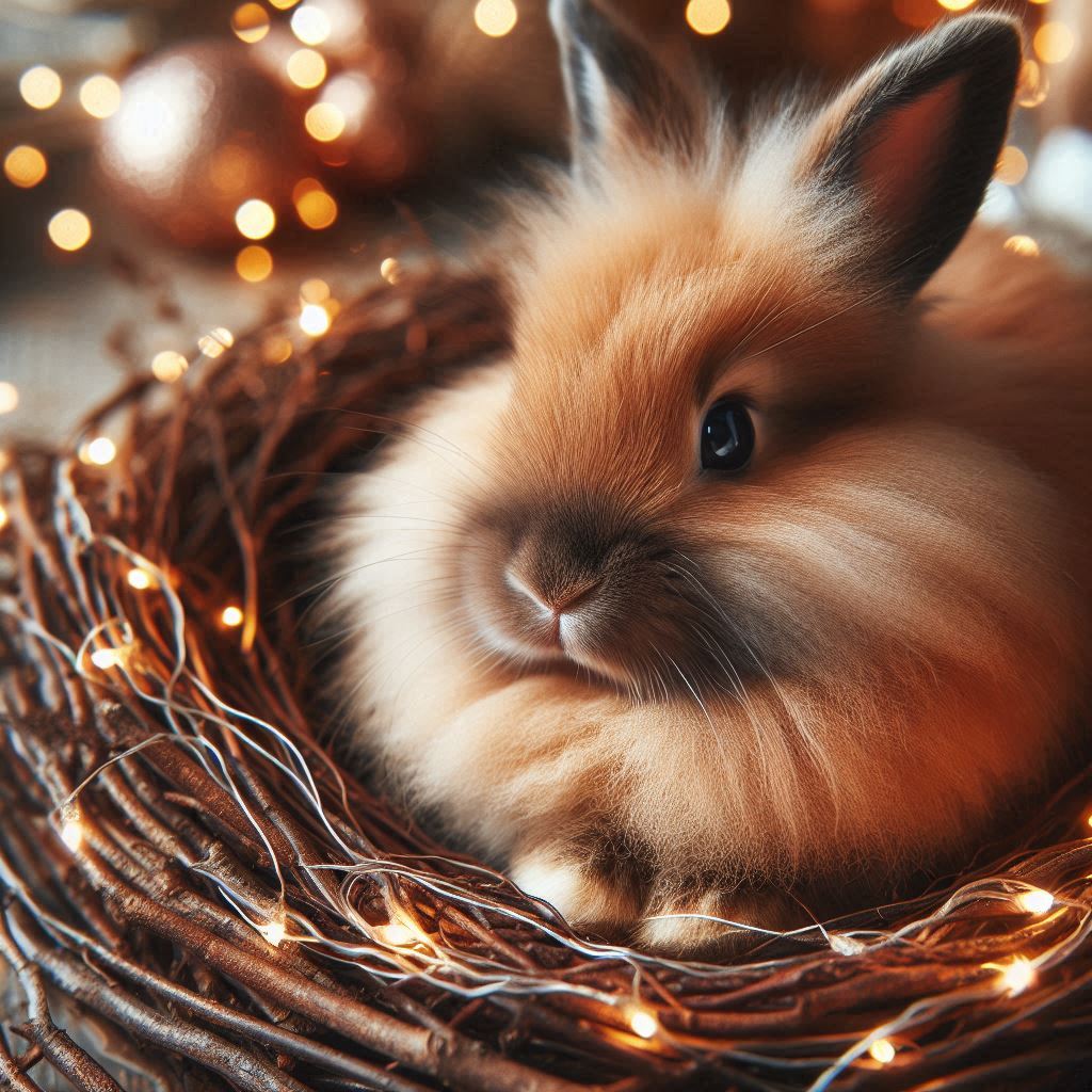 Fluffy brown rabbit in twigs with christmas lights Fluffy brown rabbit in twigs with christmas lights