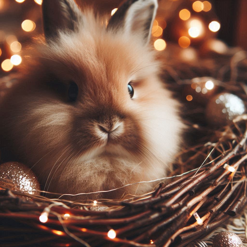 A fluffy bunny sits in a wreath with lights A fluffy bunny sits in a wreath with lights