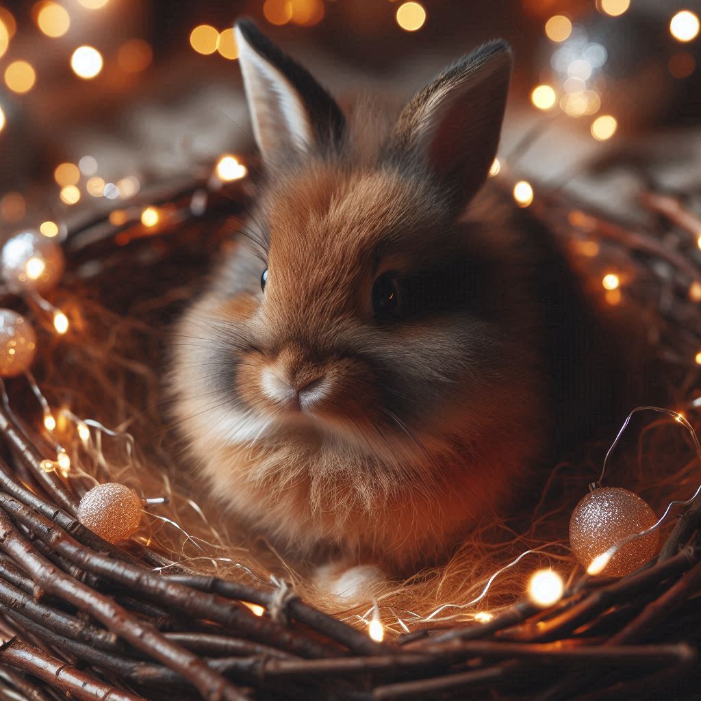 A cute bunny sits in a nest of lights A cute bunny sits in a nest of lights
