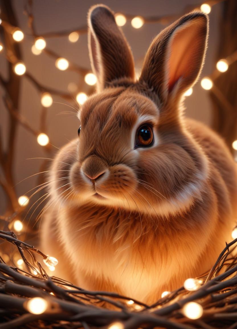 A brown rabbit sits in a nest of string lights A brown rabbit sits in a nest of string lights