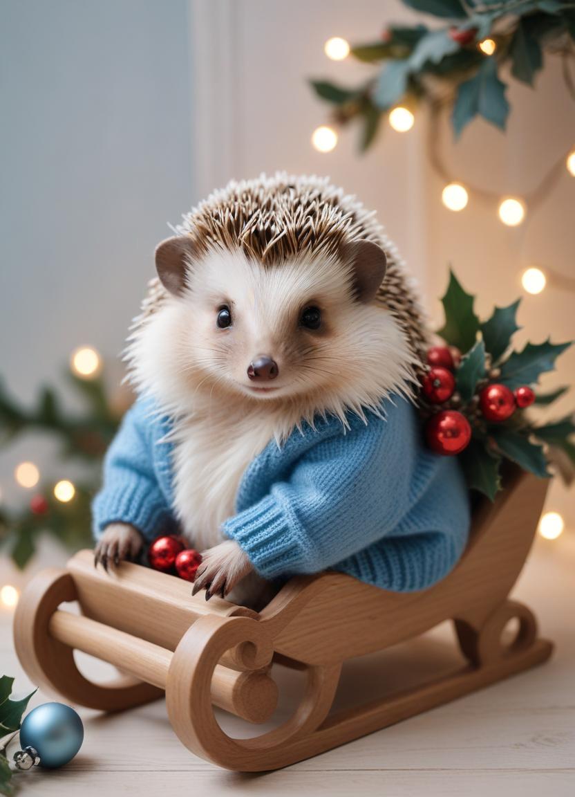 Hedgehog in a blue sweater on a sleigh with lights Hedgehog in a blue sweater on a sleigh with lights