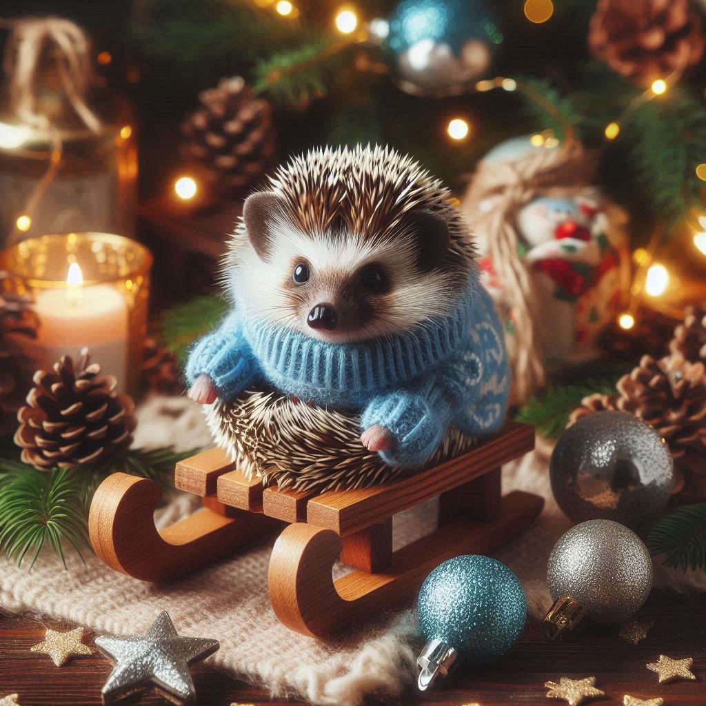 Hedgehog in a blue sweater on a sled with ornaments Hedgehog in a blue sweater on a sled with ornaments