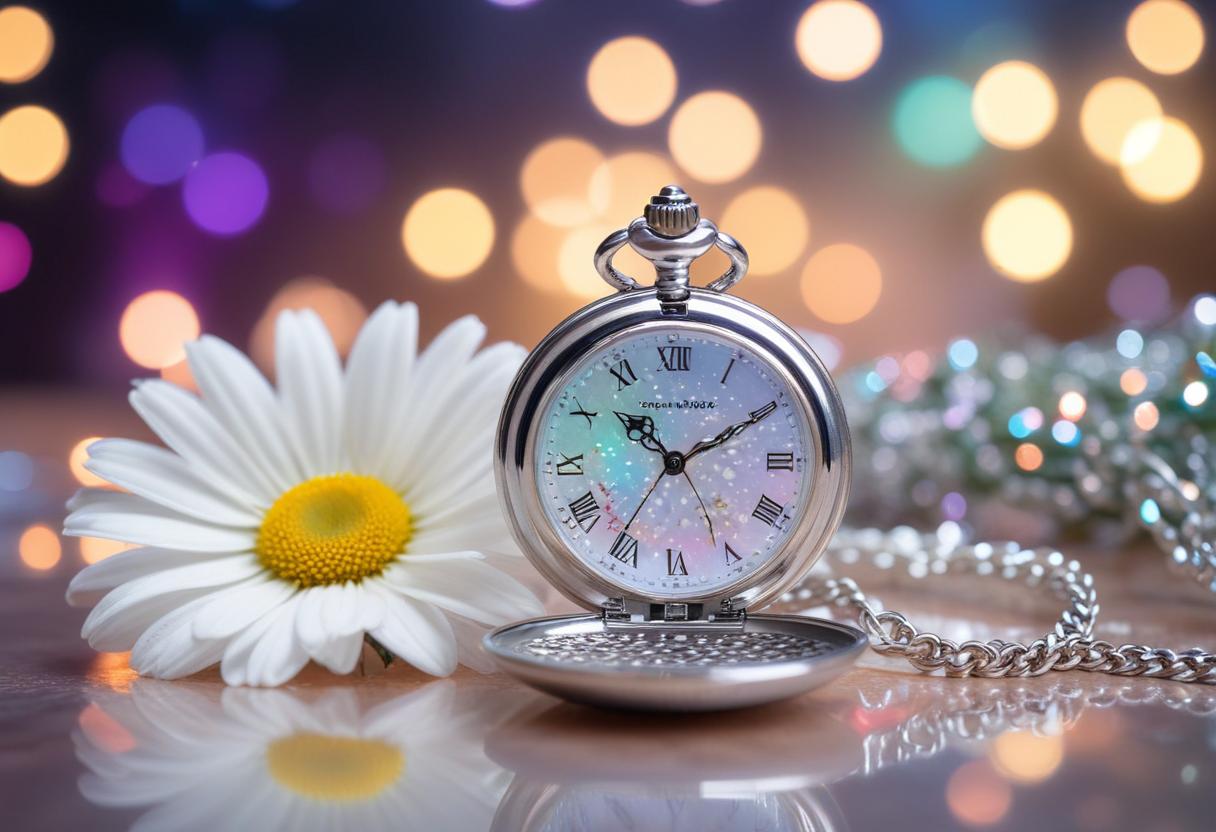 A silver pocket watch sits next to a daisy A silver pocket watch sits next to a daisy