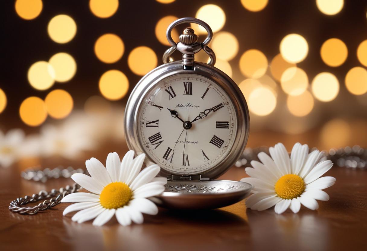 A silver pocket watch sits between two daisies A silver pocket watch sits between two daisies