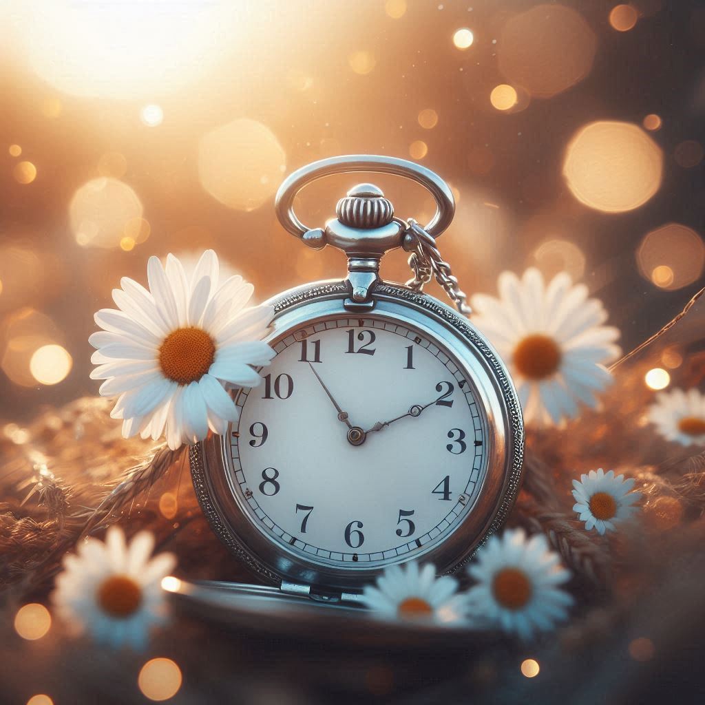 A pocket watch rests among daisies in the warm afternoon sun A pocket watch rests among daisies in the warm afternoon sun