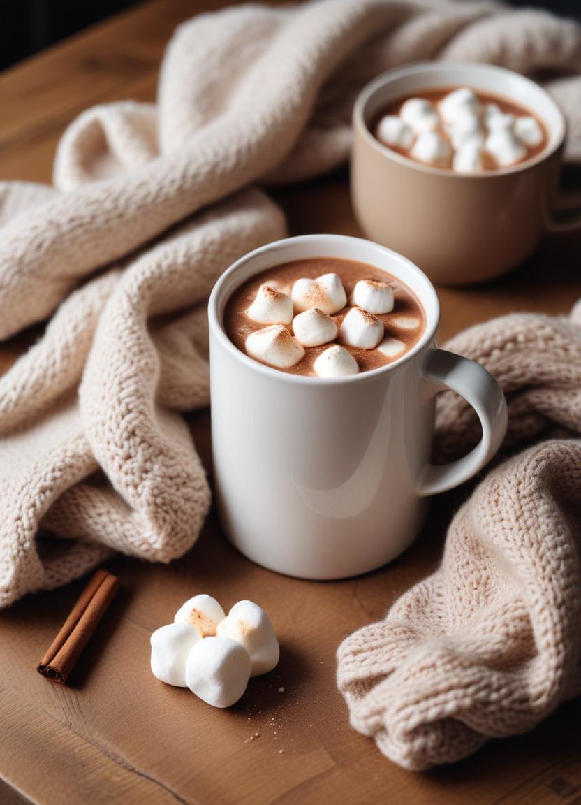 A mug of hot chocolate with marshmallows on a wooden table A mug of hot chocolate with marshmallows on a wooden table