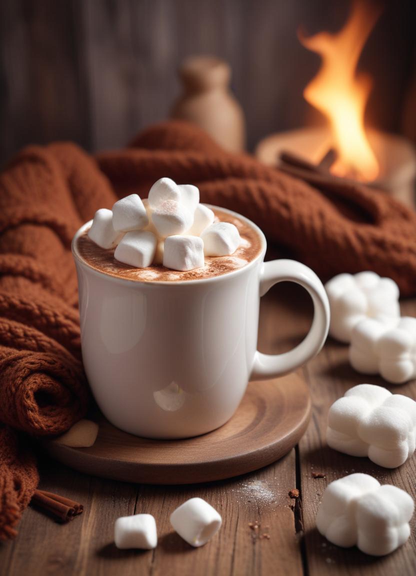 A mug of cocoa with marshmallows on a table A mug of cocoa with marshmallows on a table