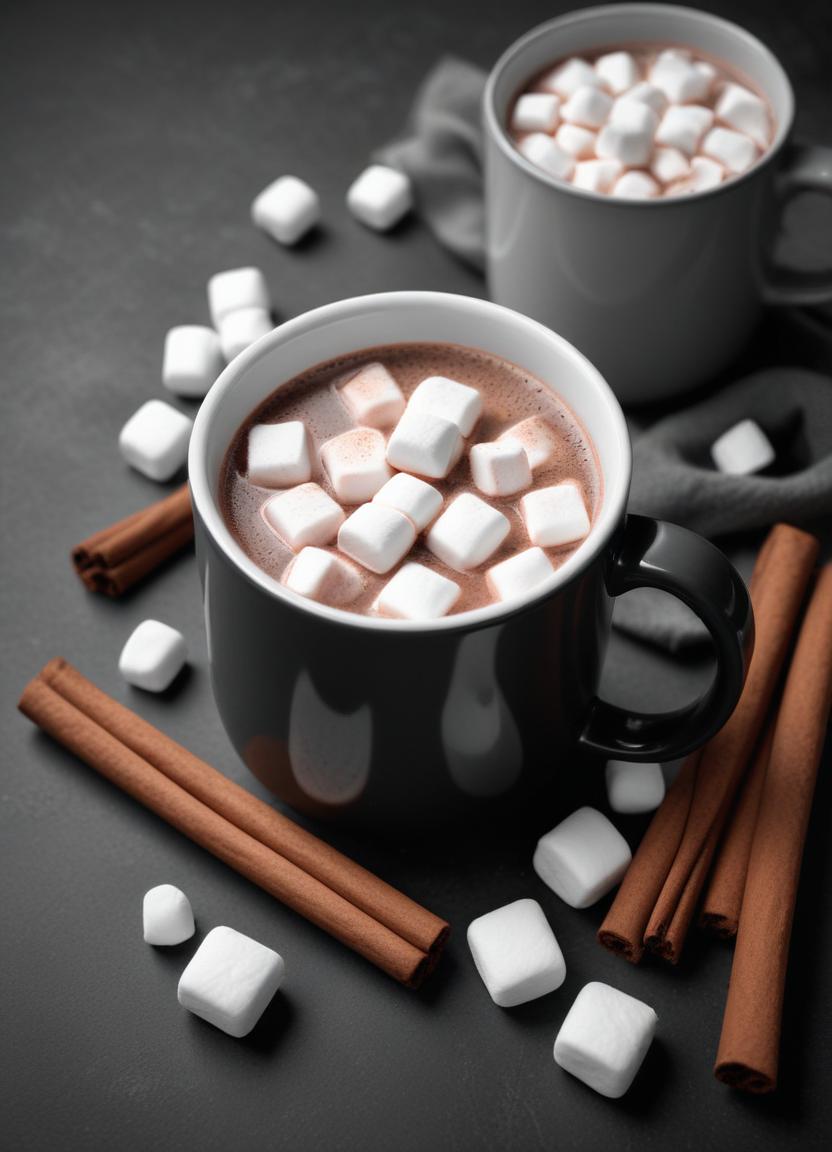 Hot chocolate with marshmallows and cinnamon sticks Hot chocolate with marshmallows and cinnamon sticks