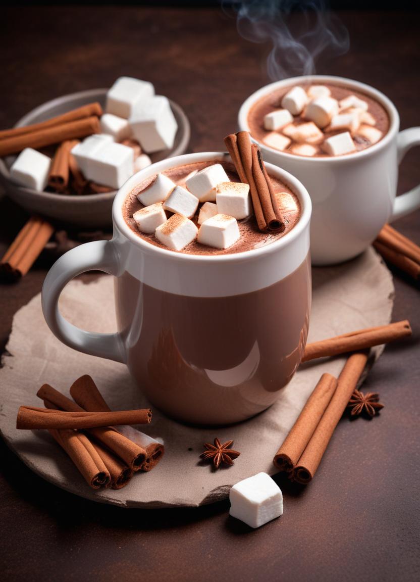 Two mugs of hot chocolate are seen on a brown surface Two mugs of hot chocolate are seen on a brown surface