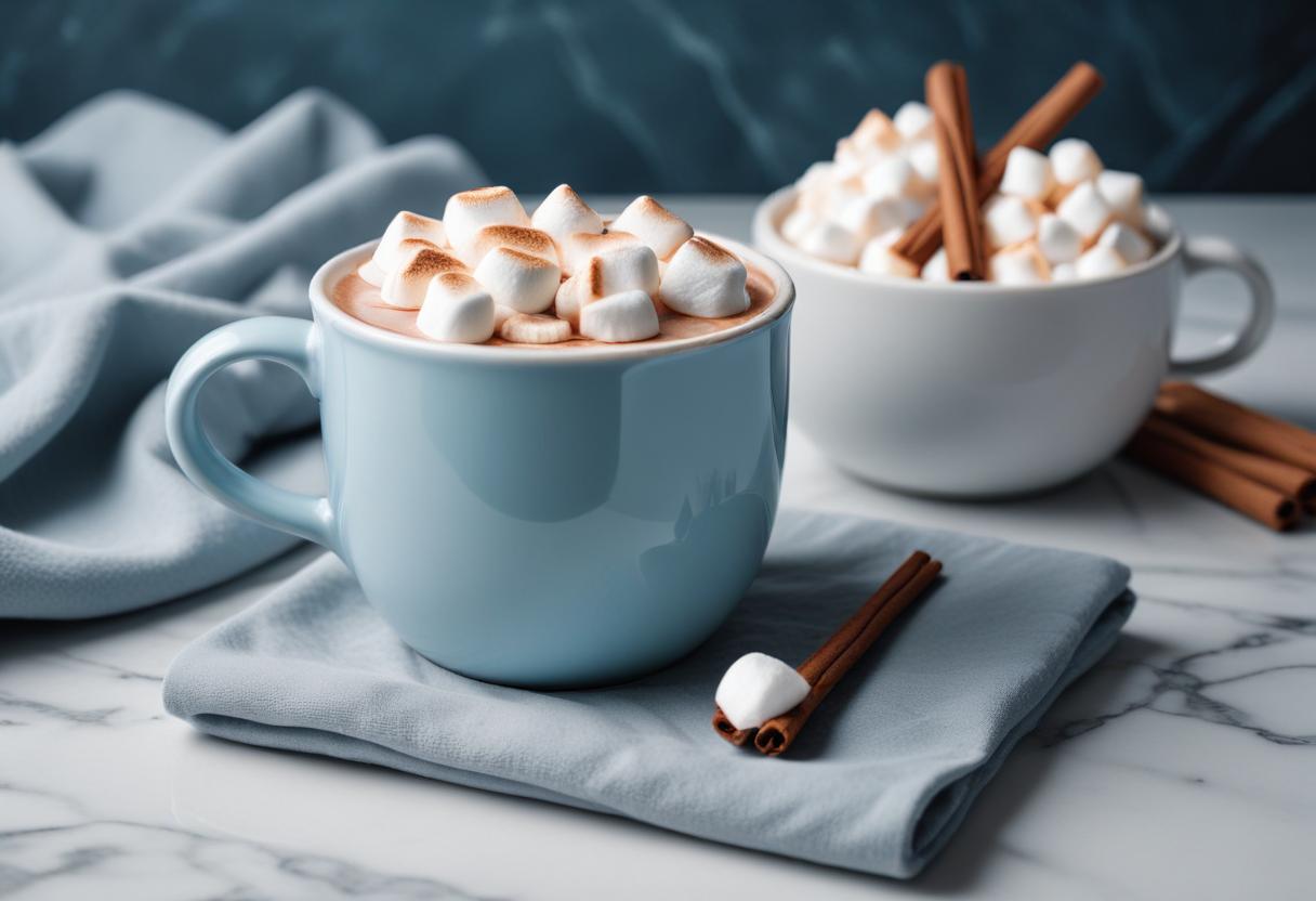 Blue mug of hot chocolate with marshmallows on marble Blue mug of hot chocolate with marshmallows on marble