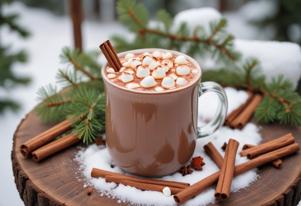 Hot chocolate with marshmallows on a snowy day Hot chocolate with marshmallows on a snowy day