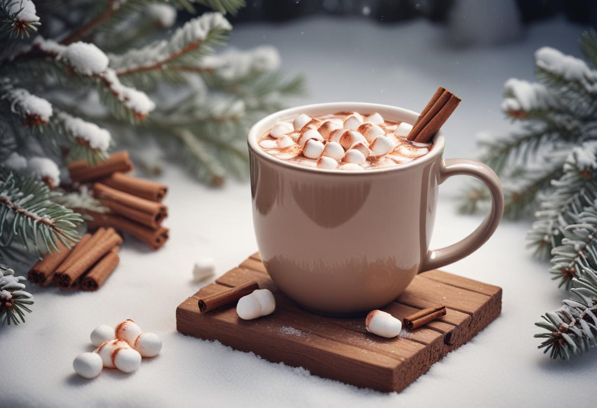Hot cocoa with marshmallows on a snowy coaster Hot cocoa with marshmallows on a snowy coaster